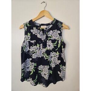 Loft Outlet Floral Blouse Women XS Navy Blue Sleeveless Henley Split Neck EUC
